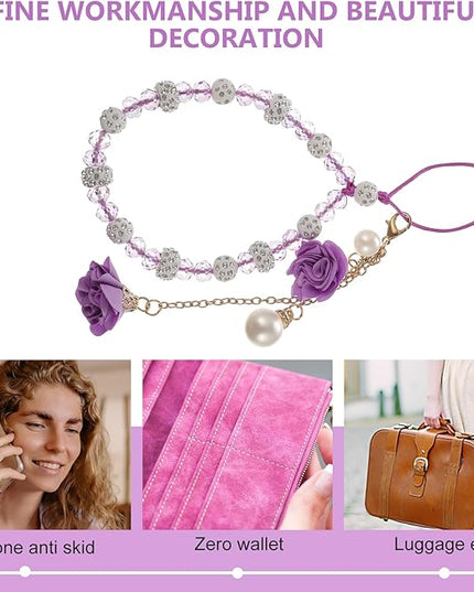 Mobile Phone Straps Crystal Hand Wrist Lanyard Cute Phone Charm Car Key Purse Pendant Lanyard Wrist Strap Badge Holder Cell Name Tag Purple Bead Unique