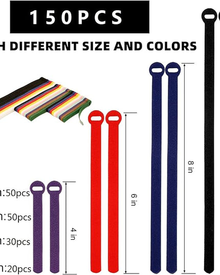 150PCS Cable Ties，4+6+8+10 Inch Reusable Cable Management, Multi-Purpose Adjustable Cord Organizer，Fastening Microfiber Cloth Hook and Loop Cable Organizer Wire Straps，Assorted Colors