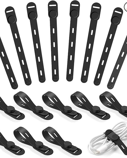OneLeaf 16Pcs Adjustable Silicone Cable Ties, Reusable Cord Organizer for Desk Setup, PC, TV & Office Cubicle, Secure Soft Anti-Lost Cable Straps for Electronics - Black
