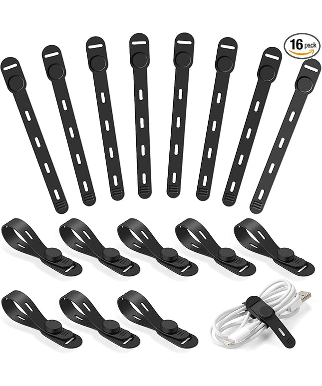 OneLeaf 16Pcs Adjustable Silicone Cable Ties, Reusable Cord Organizer for Desk Setup, PC, TV & Office Cubicle, Secure Soft Anti-Lost Cable Straps for Electronics - Black