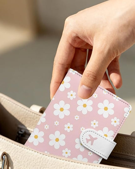Passport Holder, Travel Wallet Cover with Pen Loop | Cute RFID Blocking Leather Case with Magnetic Closure for Travel Essentials-flower