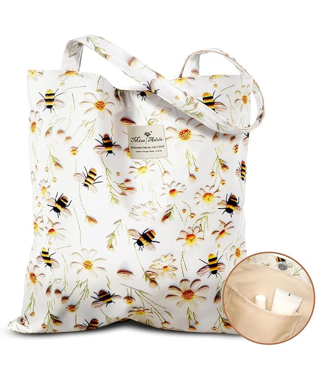 Aesthetic Cotton Tote Bag for Women - Reusable Shoulder Bag with Buckle Fabric Bag for Gym, Travel, Work