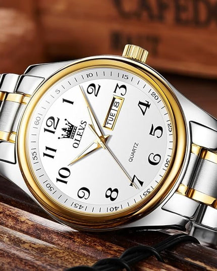 OLEVS Watches for Men Brown Leather Gold Case Analog Quartz Fashion Business Dress Watch Day Date Luminous Waterproof Casual Male Wrist Watches