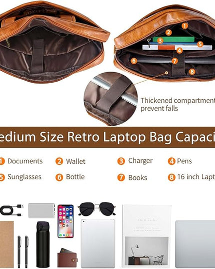 Faux Leather Messenger Bag for Men 15.6 Inch: Laptop Bag Briefcase Computer Handbags Shoulder Crossbody Bag with Padded Laptop Sleeve for Work College Travel, PU Brown