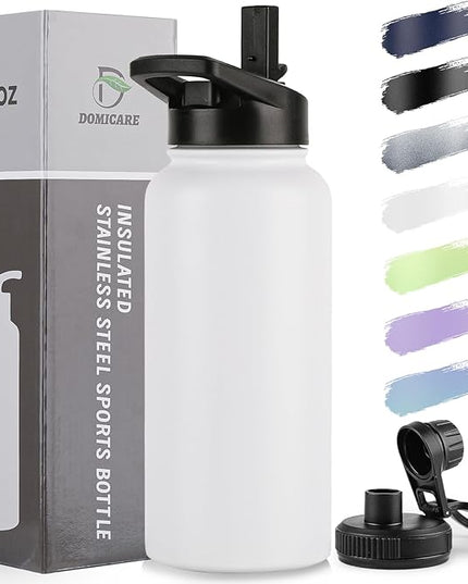 DOMICARE 32 oz Insulated Water Bottle, Vacuum Insulated Stainless Steel Sports Water Bottle with Straw Lid & Spout Lid, Leakproof, Reusable - Travel, Camping, Bike, White