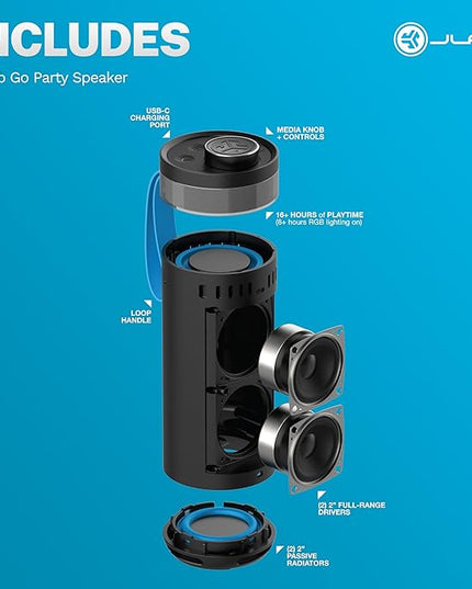JLab Go Party Portable Bluetooth Speaker, Midnight Black, 10 Watts of Power, 16+ Hours of Playtime, IP56 Waterproofing, Customizable RGB LED Lighting, Lab Sync Up to 100 Speakers, Custom Sound in-App