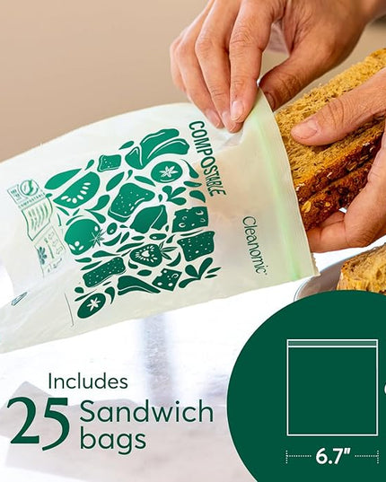 Cleanomic Compostable Zip Sandwich Bags - Leak Resistant, Gallon, Quart, Sandwich, Snack - 125 Count