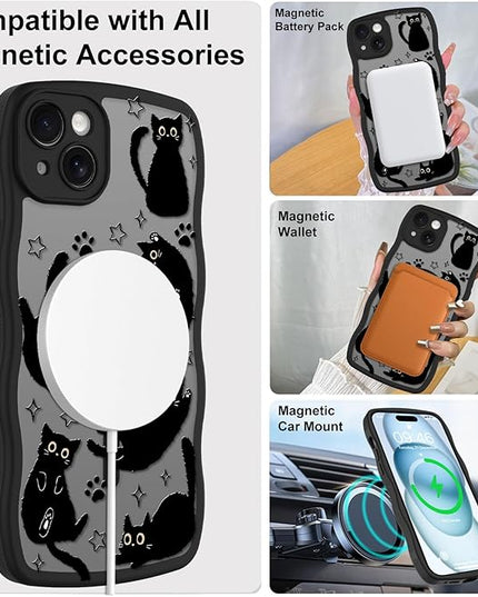 Cute Case for iPhone 15 Case [Compatible with MagSafe] with Kawaii Black Cats Cat Print Pattern Design for Women Girls, Soft Wavy Edge Anti-Slip Animal Magnetic Protective Phone Cover