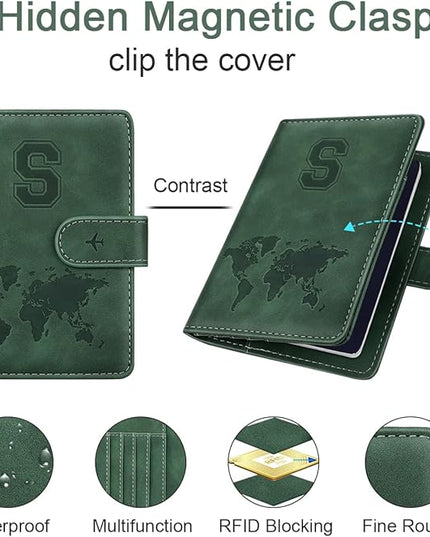 Personalized S Passport Holder Cover Initial Letter Travel Wallet RFID Blocking Passport Cover Credit Card Holder Case Passport Book Holders for Women and Men, Pine Green-S