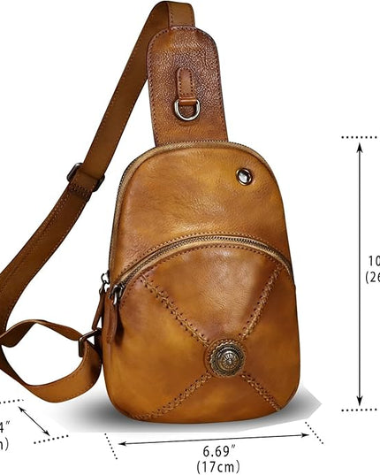 Genuine Leather Small Sling Bag for Women Crossbody Purse Handmade Hiking Daypack Retro Shoulder Backpack Vintage Chest Bags