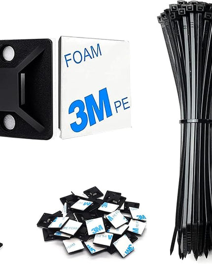 50 Set Cable Zip Tie Self Adhesive Mounts Kit with 6" Zip Ties, 3/4" Wire Holders Squares, Screws - Sticky Wire Fasteners Cable Clips Management Anchors Organizer