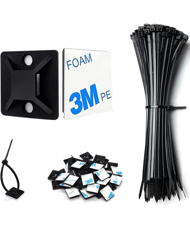 50 Set Cable Zip Tie Self Adhesive Mounts Kit with 6" Zip Ties, 3/4" Wire Holders Squares, Screws - Sticky Wire Fasteners Cable Clips Management Anchors Organizer
