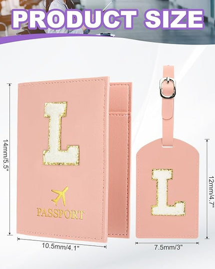 PATIKIL Passport Holder for Travel, Initial Passport Cover and Luggage Tag Set with Alphabet Chenille Letter Patch Travel Wallet Bag Suitcase Identifier for Women Family Travel Pink L