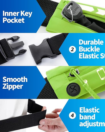 USHAKE Slim Running Belt for Women Men-Runners Phone Holder Fanny Pack, Adjustable, Bounce Free Waist Pouch bag for Workout, Money Belt, Run Gear Accessories Neo Green