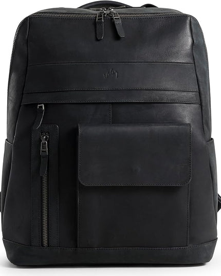 VELEZ Black Leather Backpack for Men & Women - Large Capacity Laptop Travel Backpack with 17" Sleeve - Vintage Travel Bag with Adjustable Straps, Multiple Pockets & Trolley Sleeve