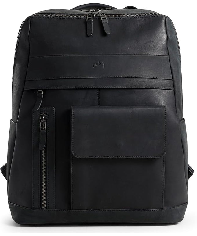 VELEZ Black Leather Backpack for Men & Women - Large Capacity Laptop Travel Backpack with 17" Sleeve - Vintage Travel Bag with Adjustable Straps, Multiple Pockets & Trolley Sleeve