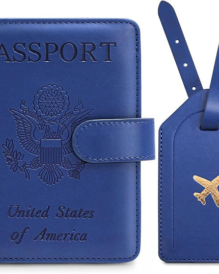 Passport Holder for Travel with Luggage Tag Cover – RFID Blocking Passport Wallet for Women & Men | PU Leather Passport Cover/Passport Case with Extra Money Pocket & Magnetic Clasp – Blue