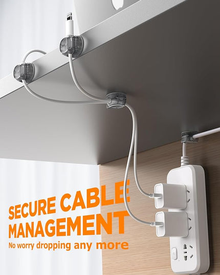 Cable Clips - Chfeila Latest Dual Spring Cord Organizer with Clasp Lock, 6Pack [Max Stability] Desk Cable Management, Adhesive Phone Charging Wire Holder for Nightstand/Car/Wall, Office Accessory