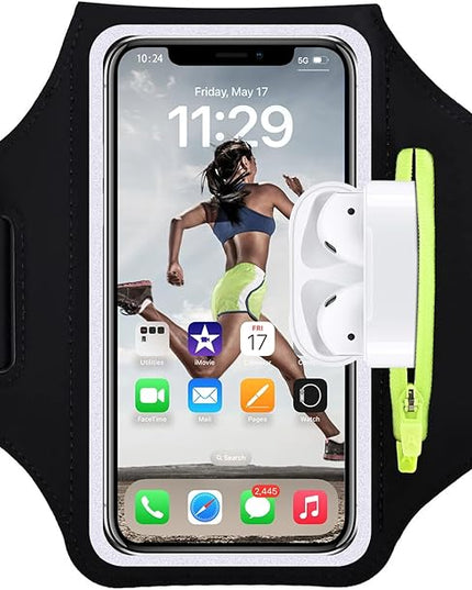 Cell Phone Running Armband with Zipper Pocket Armband Case Running Holder for iPhone 16 Pro Max/15/14 Pro Max/13/12 /11 Pro Max/XS/XR,Galaxy S20 S10,Sweatproof Arm Band with Card/Key Bag