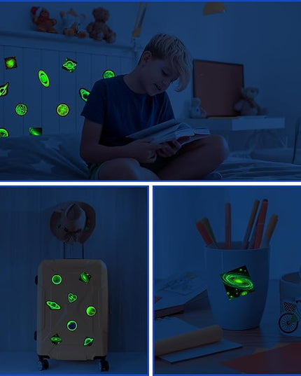 Glow in The Dark Neon Planets Water Bottle Stickers for Kids, 70 PCS Vinyl Space Waterproof Decals for Laptop Phone Case, Solar System Decor for Adults Kids Girls Boys