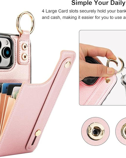Folosu for iPhone 16 Pro Max Wallet Case with Card Holder, Hand Wrist Strap Loop Holder Kickstand, RFID Blocking Finger Grip Ring PU Leather Double Buttons Shockproof Cover 6.9" Rose Gold