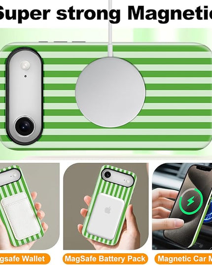 Magnetic for iPhone 17 Air Case Cute Stripes Phone Case, Shockproof Slim TPU and Hard PC Protective Phone Cover Compatible with MagSafe Designed for Women Girls, Deep Green