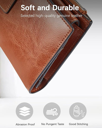 BOSTANTEN Womens Leather Wallets RFID Blocking Large Capacity Credit Cards Holder Phone Clutch Brown Orange