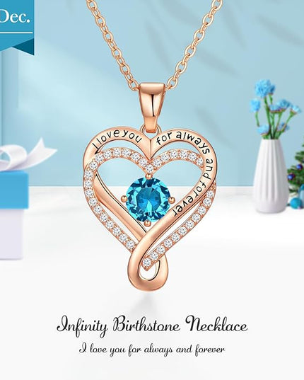 Infinity Love Heart Birthstone Necklace for Women Wife, S925 Sterling Silver Anniversary for Women Wife Birthday Gift for Her Girlfriend Mom Daughters, I Love You Women's Jewelry 18k Rose Gold Filled