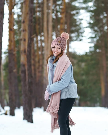 PAGE ONE Womens Winter Ribbed Beanie Crossed Cap Chunky Cable Knit Pompom Soft Warm Hat