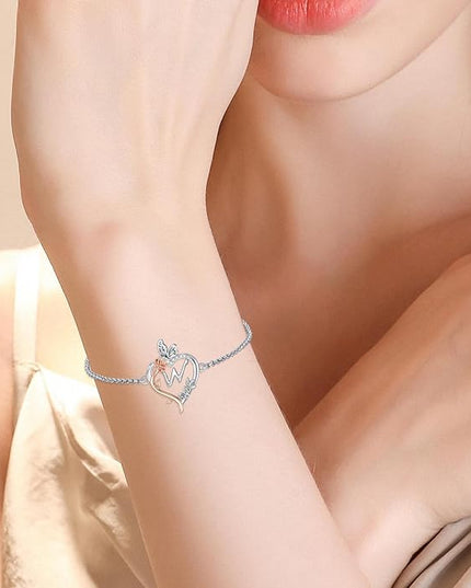 TOUPOP Gifts for Women Rose Heart Initial Bracelet 925 Sterling Silver Butterfly Letter Link Bracelet Love Jewelry Valentines Day Birthday Gifts for Her Wife Girlfriend Mom