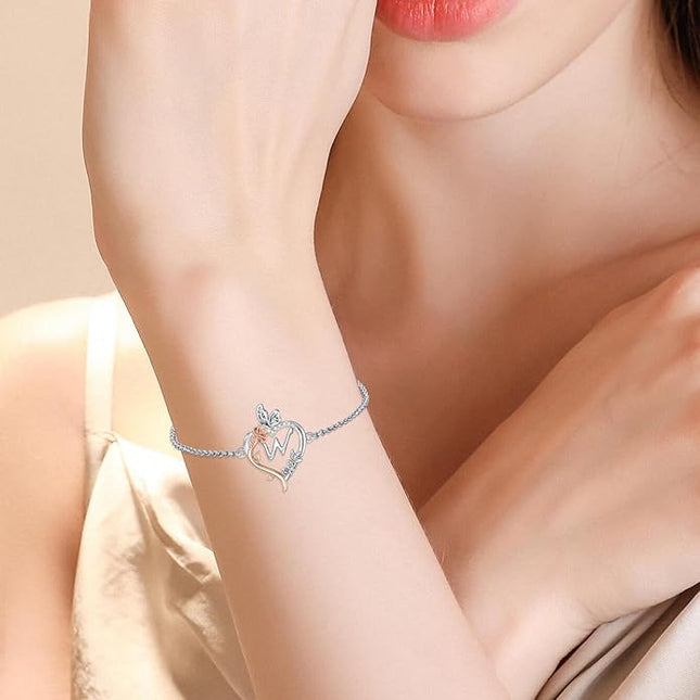 TOUPOP Gifts for Women Rose Heart Initial Bracelet 925 Sterling Silver Butterfly Letter Link Bracelet Love Jewelry Valentines Day Birthday Gifts for Her Wife Girlfriend Mom