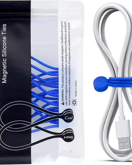 SMART&COOL Reusable Silicone Magnetic Cable Ties for Bundling and Organizing, Holding Stuff, Book Markers, Fridge Magnets, Assorted Color, 7.16'' (10-Pack, Blue)