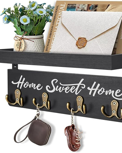 buways Key Holder for Wall Decorative, Rustic Wooden Key Hanger for Wall with 4 Double Key Hooks, Farmhouse Key Holder Rack and Mail Organizer for Home Entryway Decor(Black)