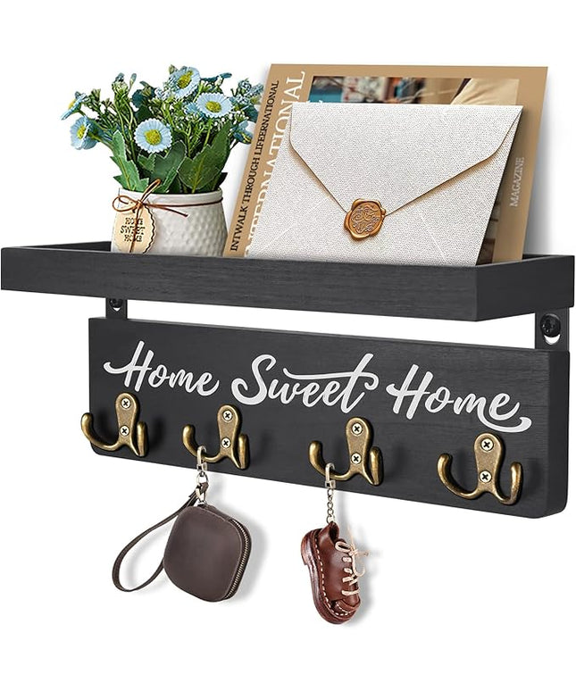 buways Key Holder for Wall Decorative, Rustic Wooden Key Hanger for Wall with 4 Double Key Hooks, Farmhouse Key Holder Rack and Mail Organizer for Home Entryway Decor(Black)