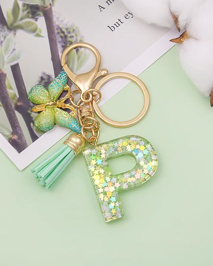 Fashion Alphabet Initial Letter Keychain Tassel Butterfly Pendant Key Ring for Purse Handbags Women Girl