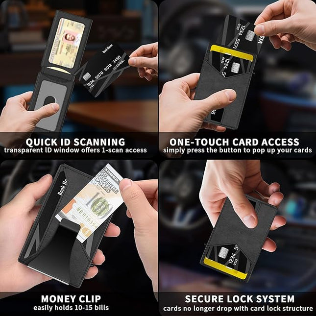 KISUEDZP Wallet for Men Slim RFID Blocking-Metal Smart Pop-Up Credit Card Holder with 2 ID Windows, Holds 8-10 Cards,Bifold Minimalist Front Pocket Wallet & Money Clip,Men's accessories (Black)