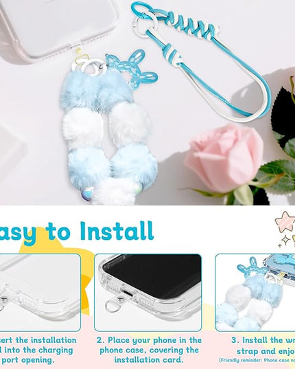 2 Pcs Phone Charm Wrist Strap with Tether Tab, Double Anti Lost Fluff Ball Beaded Wrist Lanyard, Detachable Leather Phone Charms for Bag, Key Chains, Camera Decor