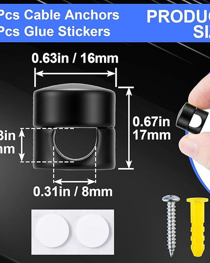 8 Sets Charger Holders for Cords, Matte Black Color Adjustable Cable Anchor Holders, Adhesive Metal Cord Clips, Cable Management Wire Organizers for Desk, Office, Nightstand
