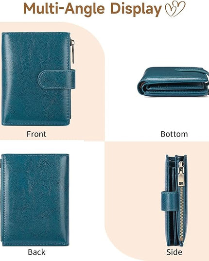 GAEKEAO Small Wallet for Women, Bifold Leather RFID Blocking Ladies Compact Card Holder with Zipper Pocket & ID Window
