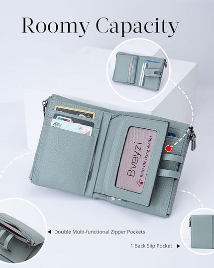 Bveyzi Small Soft Leather Wallet for Women RFID Blocking Ladies Card Holder with Double Zipper Pocket