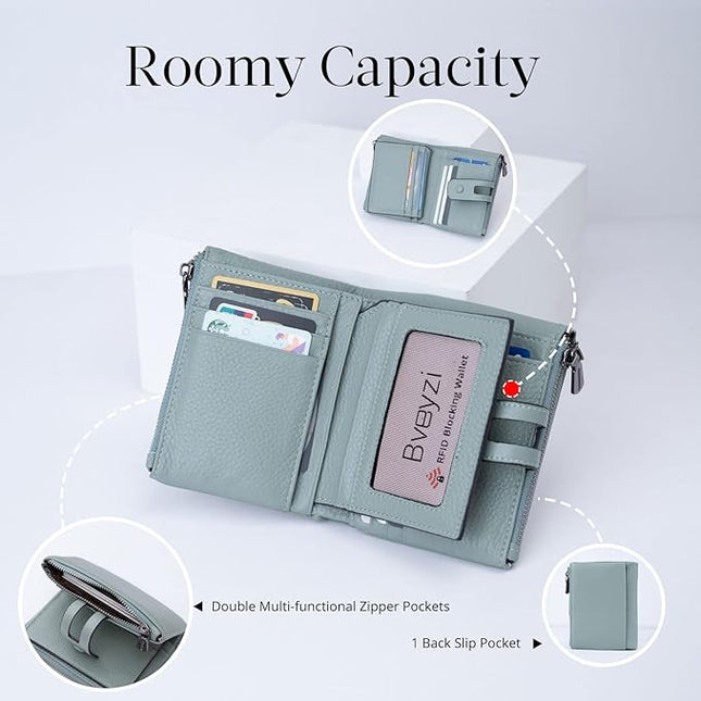 Bveyzi Small Soft Leather Wallet for Women RFID Blocking Ladies Card Holder with Double Zipper Pocket