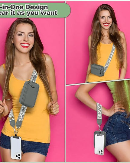 Clip and Go Strap for Phone with Wallet Crossbody, Adjustable Phone Lanyard with Detachable RFID Wristlet Wallet, Pattern Strap, Grey(M)