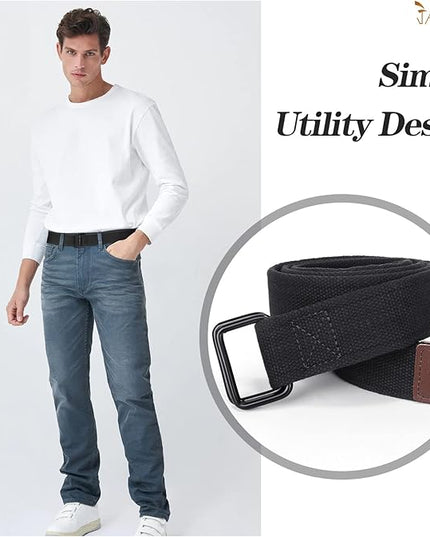 JASGOOD Men Canvas Fabric Belts Casual Web Cloth Belts with Black Double Ring Buckle 2 Pack