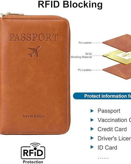 Passport Holder for Travel Women and Men RFID Passport Holder with Card Slots Holder Passport Case Passport cover Passport Wallet Travel Essentials and Accessories (Zipper, Brown Zipper)