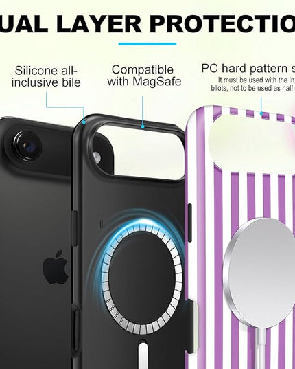 Magnetic for iPhone 17 Air Case Cute Stripes Phone Case, Shockproof Slim TPU and Hard PC Protective Phone Cover Compatible with MagSafe Designed for Women Girls, Purple