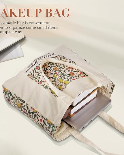 BROADREAM Aesthetic Canvas Tote Bag for Women, Vintage Reusable Book Tote Bag with Inner Zipper Pocket