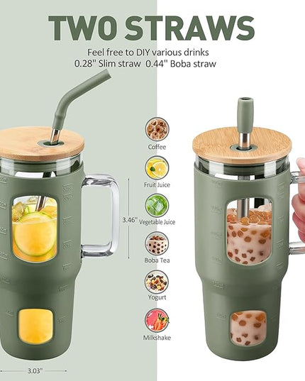 Glass Tumbler with Lid, 32 oz Glass Cup with Handle, Glass Water Bottles with Time Marker, 2 Straws - Pearl Straw & Silicone Protective Sleeve - Olive