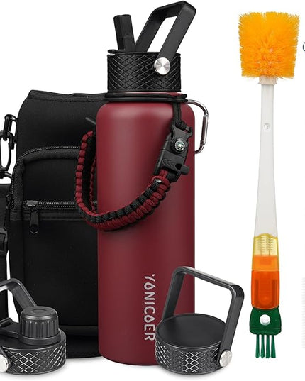 Insulated Water Bottle 40oz,Triple Wall Vacuum Stainless Steel(Dishwasher Safe),Leak Proof & Non-BPA,Flask Jug with Paracord Handle & Straw Spout Lids Sports Red