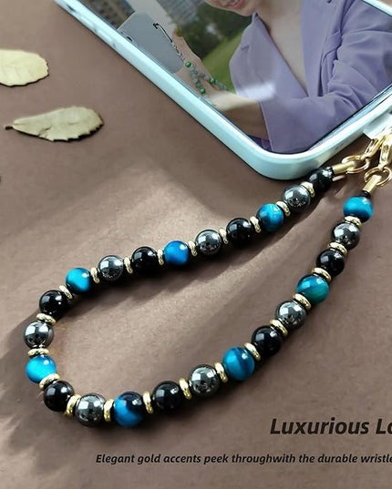 Marble Beaded Phone Wrist Strap,Detachable Phone Bracelet Strap with Tether Tab,Hands-Free Wristlet Strap (Blue Tiger Eye)