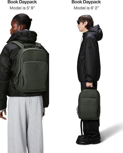 RAINS Book Daypack Regular Green Laptop Backpack for Men and Women, Waterproof Black Minimalist Commuter Bag with 15”-16"